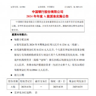 中国银行：A股每股派发2024年末期现金红利0.1216元