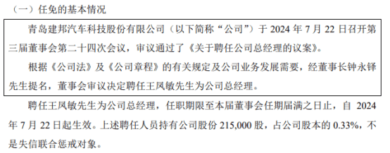 建邦科技聘任王凤敏为公司总经理 2023年公司净利6965.05万  第1张