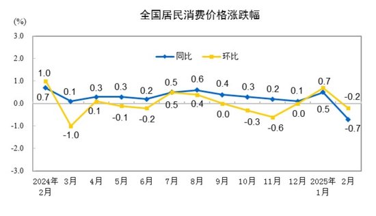 国家统计局：2025年2月份居民消费价格同比下降0.7%  第1张