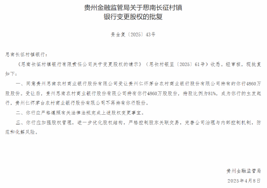 茅台农商行：获批 *** 6家所持村镇银行股份  第5张